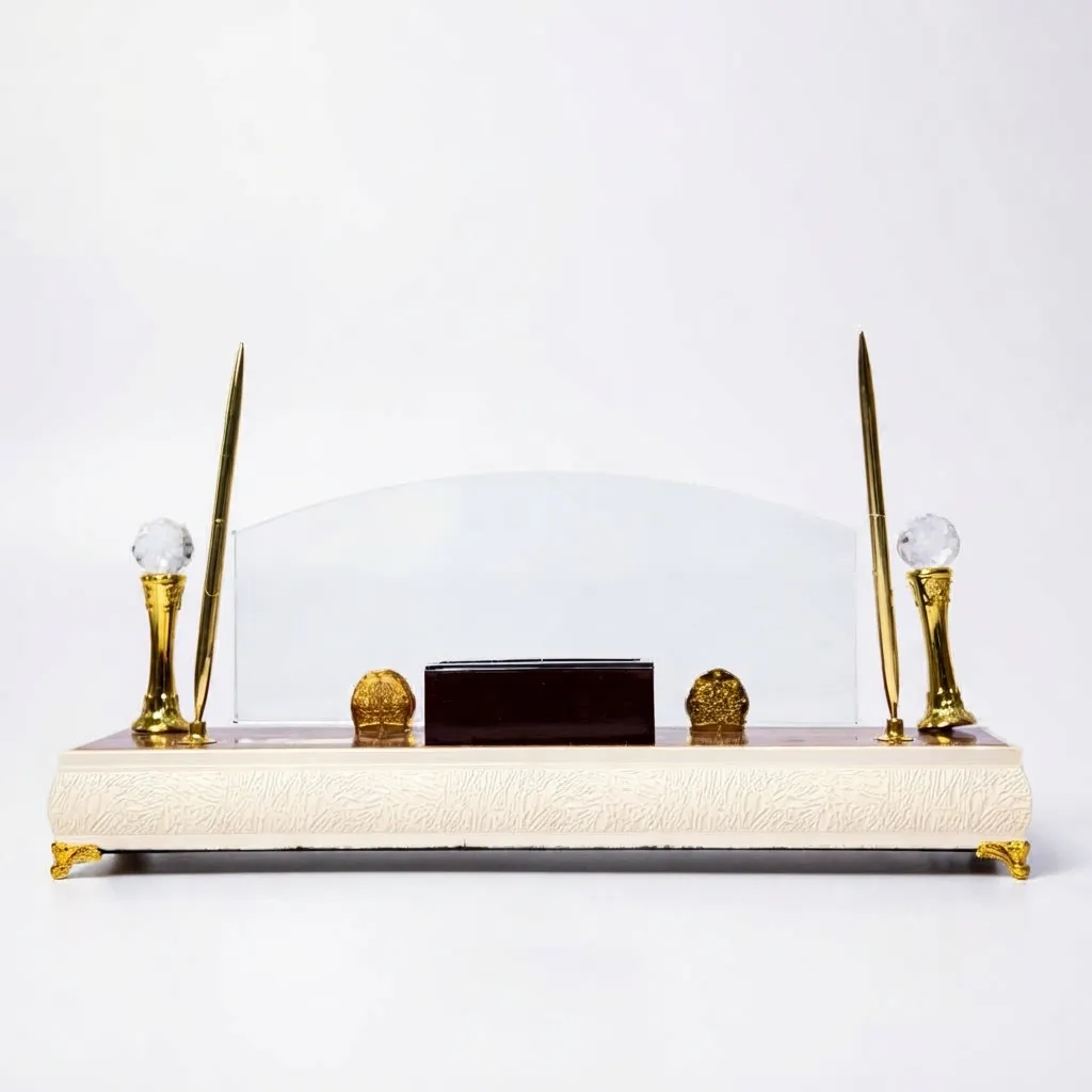 White & Gold Executive Desk Organizer with Pen Holders